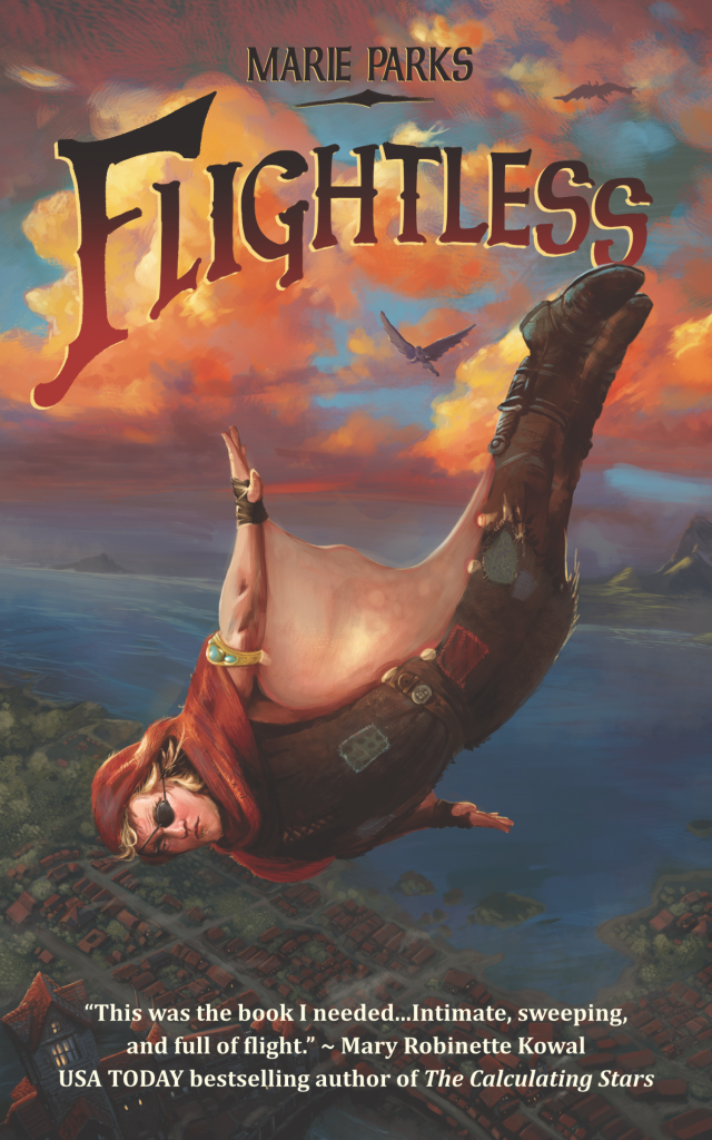 Cover of Flightless: Riff is front and center. He is a man with "glidesheaths"--flaps of skin extending from his arms and sides to help him glide. And he's showing off, gliding through the air. He wears a red hood and brown tattered clothing with patches galore and a knife in his boot. In the background is a beautiful sunset sky and a few "Divians" or flyers--people with wings. Below him is the City of Quilia, a town with red roofs and towers abutting a bay of blue water. The blurb at the bottom says, "This was the book I needed... intimate, sweeping, and full of flight." -Mary Robinette Kowal, USA TODAY bestselling author of The Calculating Stars